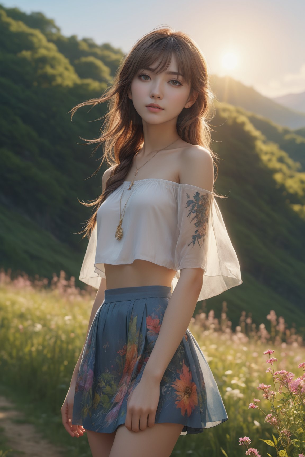 ((best quality)), ((masterpiece)), (detailed), Very detailed illustration of a beautiful girl
wearing loose skirt, (see-through skirt):1.5,
see-throughskirt:1.5, 
(see-through top):1.5,
visible small breast, nude_shirt, (exposed naked breasts):1.3,
A digital illustration of anime style, digital paintings of her, beautiful face, 
A beautiful (((topless)) girl with exposed naked small breasts and slim figure walking with a bag on a grassy field, surrounded by a vast expanse of greenery and wildflowers, Her hair is gently swaying in the breeze, and the sun is shining down on her, casting a warm glow on her skin, heroines, delicate skin, beautiful hair, large eyes, three dimensional effect, enhanced beauty, Albert Anker, Feeling like Albert Anker, Kyoto Animation, Feeling like Kyoto Animation, 
brown hair, a little smile, luminism, black eye, 3d render, octane render, cinematic, Isometric, by yukisakura, awesome full color, 8k resolution,looking at another, looking away,( tattoo:1.2), masterpiece, best quality, Photorealistic, ultra-high resolution, photographic light, full body, detailed colorful forest environment, whimsical, league of legends, illustration by MSchiffer, fairytale, sunbeams, best quality, best resolution, psychedelic realism, topographical realism, cinematic lighting, Hyper detailed, Hyper realistic, masterpiece, atmospheric, high resolution, vibrant, dynamic studio lighting, wlop, Glenn Brown, Carne Griffiths, Alex Ross, artgerm and james jean, spotlight, fantasy, surreal,skirtlift,Enhanced All,Wonder of Beauty,Hourglass body,Unique Masterpiece,Worldwide trending artwork