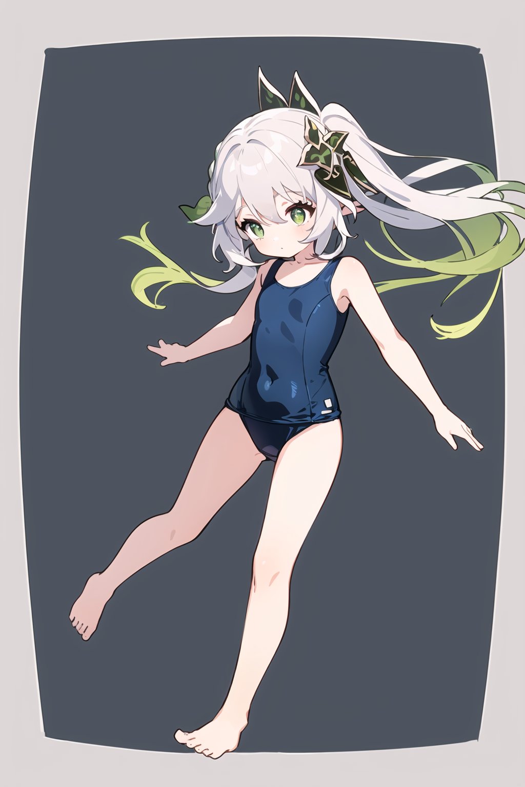  1girl,nahida,full body,((Unitard school swimsuit)), barefoot,long hair,flat chest,white background