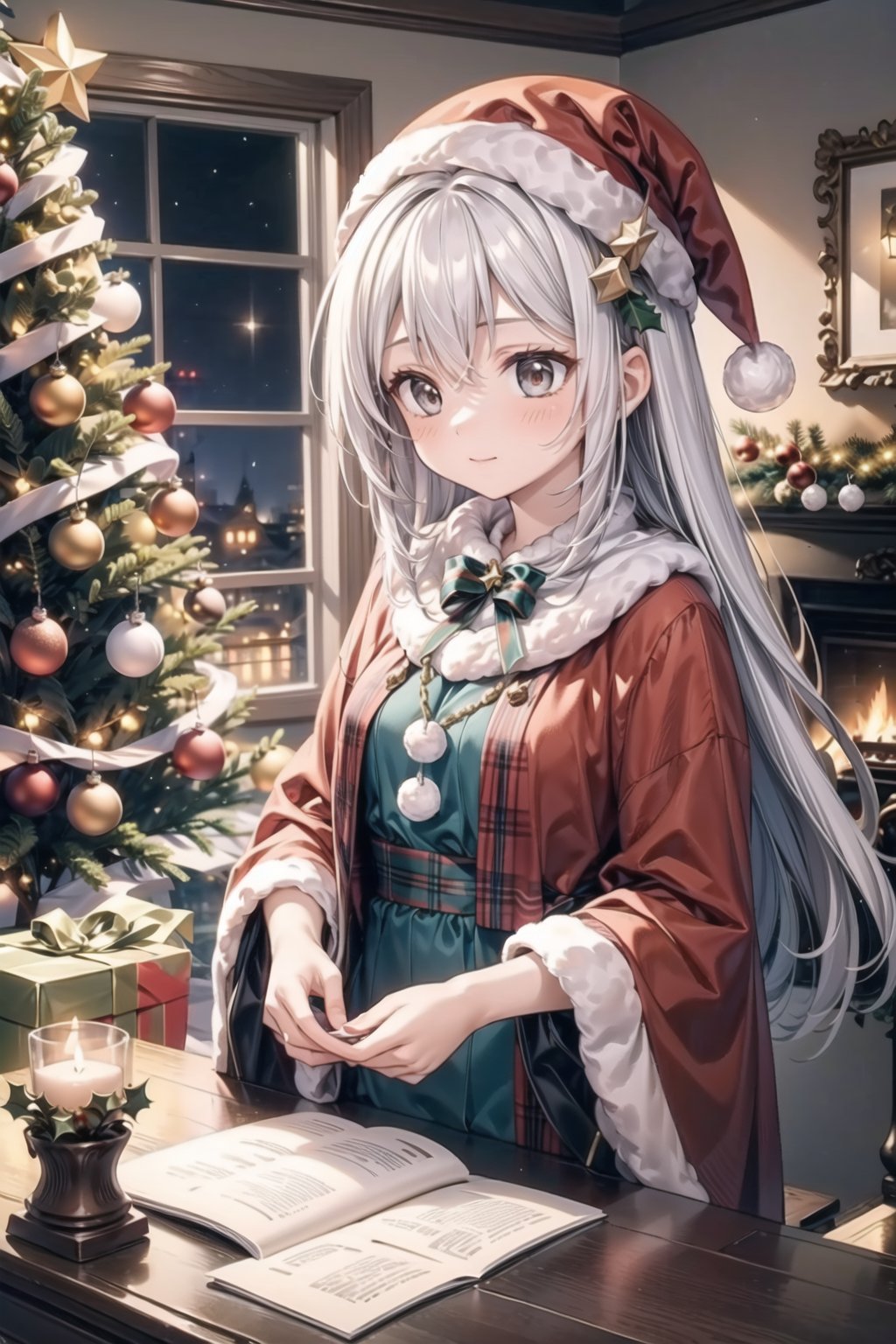 vibrant colors,  female,  masterpiece,  sharp focus,  best quality,  depth of field,  cinematic lighting,  ((solo,  adult woman)),  (illustration,  8k CG,  extremely detailed),  masterpiece,  ultra-detailed,  1 girl,  long hair,  white hair,  red hair locks,  flowing hair,  reyes,  beautiful girl,  Festive Grace: The Girl Adorning the Christmas Tree,  in a room illuminated by the soft glow of holiday lights,  a girl delicately adorns the Christmas tree with ornaments and tinsel. The detailed illustration captures the enchanting moment as she brings festive magic to every branch,  embodying the spirit of holiday traditions,  dressed in cozy attire suitable for the season,  the room is filled with the warm hues of holiday decorations,  creating an inviting atmosphere. Each ornament she places on the tree contributes to a tapestry of memories and the room resonates with the joyous spirit of the holiday season,<lora:EMS-50097-EMS:0.400000>,<lora:EMS-179-EMS:0.400000>,<lora:EMS-173539-EMS:0.400000>