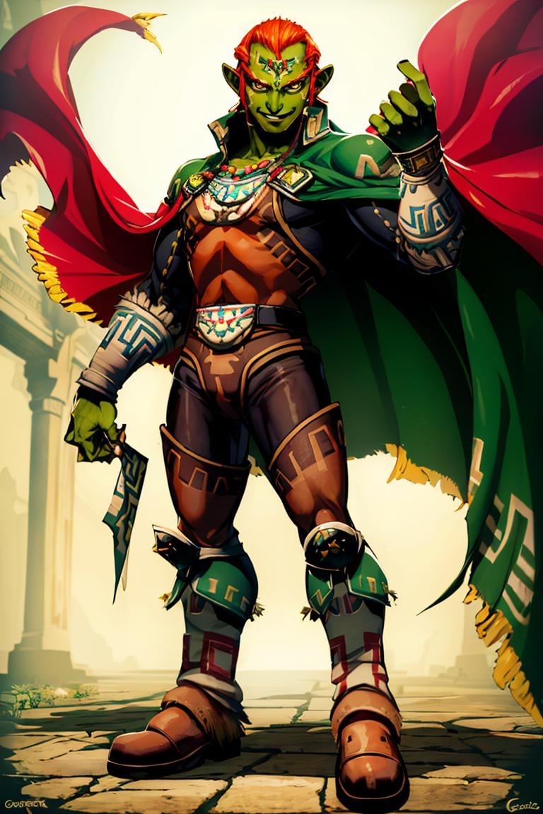 <lora:Genzoman_Style_Dim64:0.6>,((masterpiece,best quality)), absurdres, <lora:OoT_Ganondorf_Zelda_Anime:0.8>, OoT_Ganondorf_Zelda, solo, (green skin), cape, solo, smiling, looking at viewer, cowboy shot,