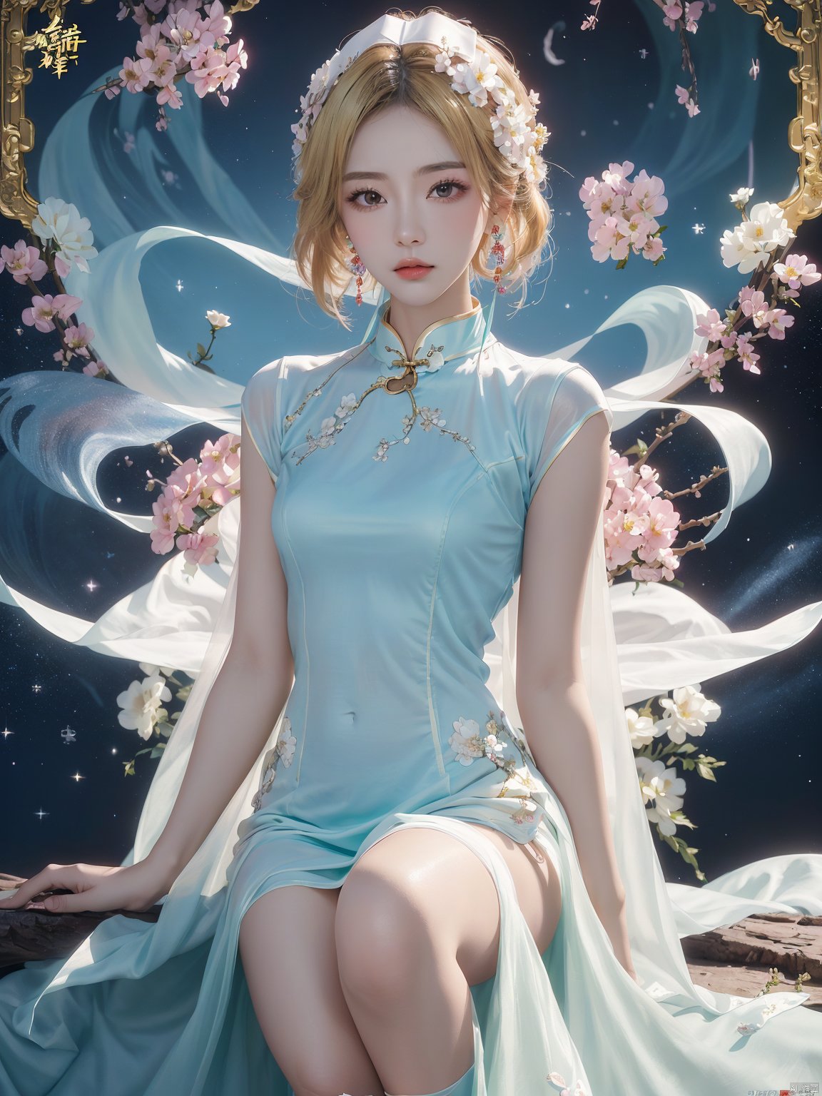  1 girl,sole_female , (medium breasts:), upper body,(masterpiece, top quality, best quality, official art, beautiful and aesthetic), (1girl),extreme detailed eyes, (fractal art:1.3), highest detailed, (perfect face), shiny skin, HDR, galaxy, (light streaks), striking visuals,tutututu, see-through, (cheongsam), cheongsam, tutututu, girl,red earrings,red jewelry, 1 girl, blonde hair,1girl, Nebula, Trainee Nurse