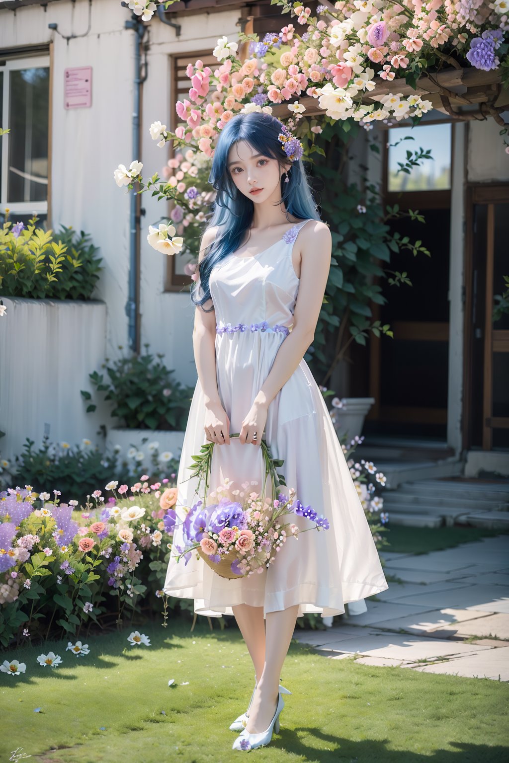  Mai, 1girl, dress, flower, blue hair, solo, white dress, hair ornament, outdoors, long hair, hair flower, white footwear, high heels, holding, full body, tree, looking at viewer, standing, bouquet, skirt hold, pink flower, day, bangs, sleeveless dress, white flower, sleeveless, grass, bare shoulders, brown eyes, sandals, A normal face, Normal hands, Normal legs, Normal feet, Upper body, Sky blue hair