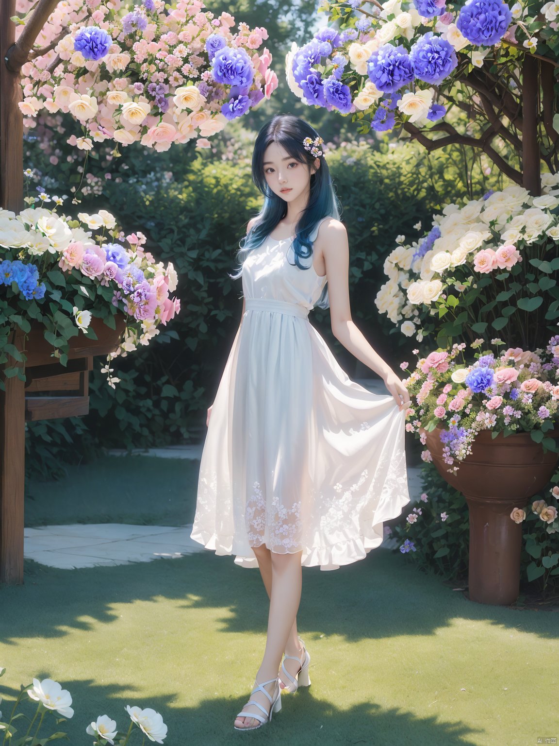 Mai, 1girl, dress, flower, blue hair, solo, white dress, hair ornament, outdoors, long hair, hair flower, white footwear, high heels, holding, full body, tree, looking at viewer, standing, bouquet, skirt hold, pink flower, day, bangs, sleeveless dress, white flower, sleeveless, grass, bare shoulders, brown eyes, sandals, A normal face, Normal hands, Normal legs, Normal feet, Upper body, Sky blue hair