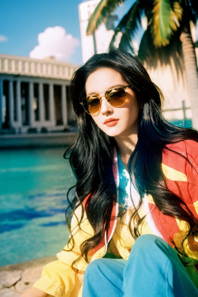  ldr,realistic,masterpiece,best quality,ultra realistic,8k,extremely detailed, best quality,1girlLong hair,sunglasses, outdoors,Lovely,light Highly saturated,light bright,light bright colors, vibrancy, vitality,(film overlay:0.3), (faded overlay:0.5), monkren