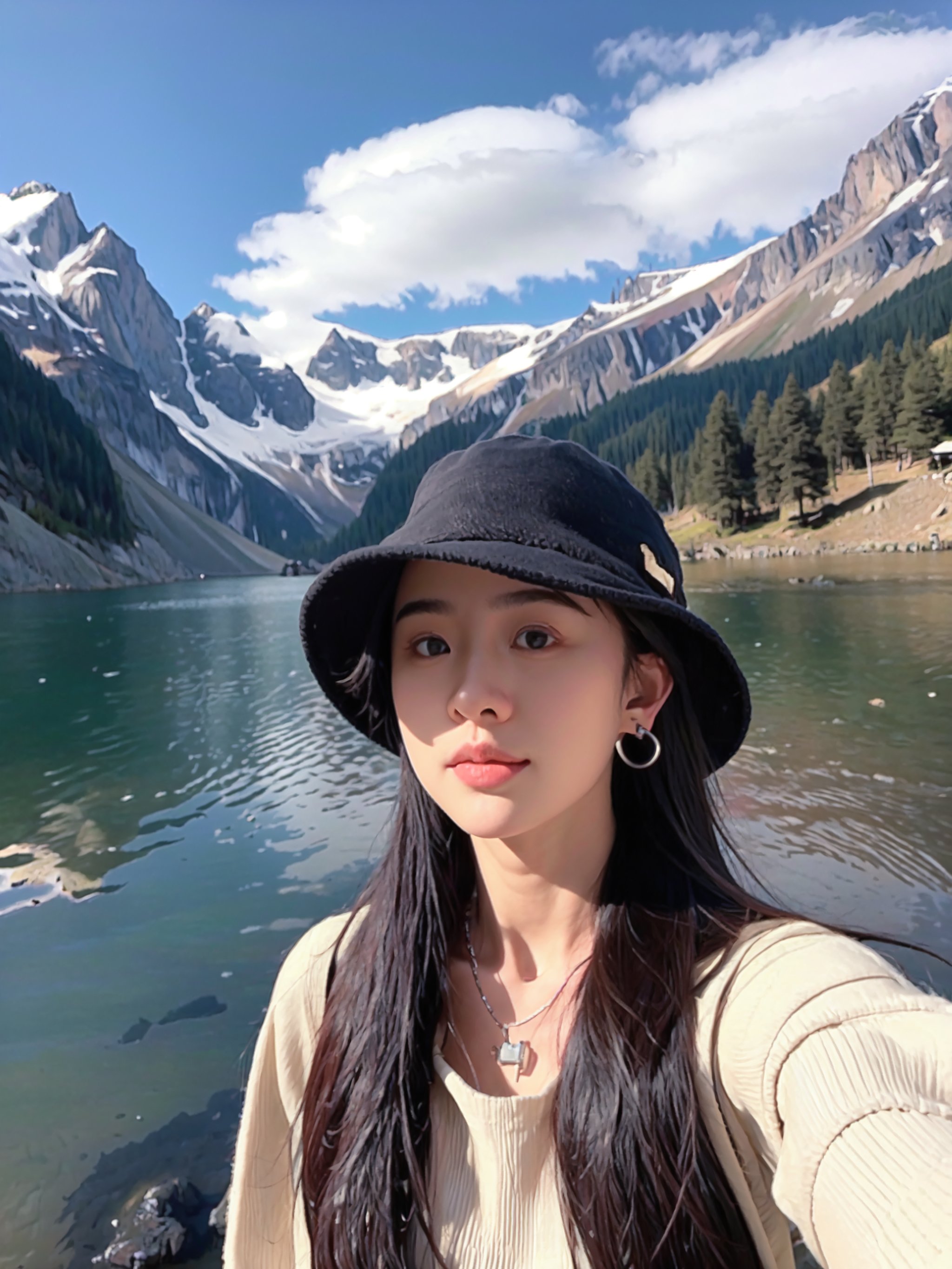  1girl, solo, hat, jewelry, long hair, realistic, black hair, earrings, outdoors, photo background, mountain, necklace, river, looking at viewer, lake, day, nature, upper body, black eyes, lips, a woman with long hair wearing a hat and a backpack near a lake and mountains with snow on the tops