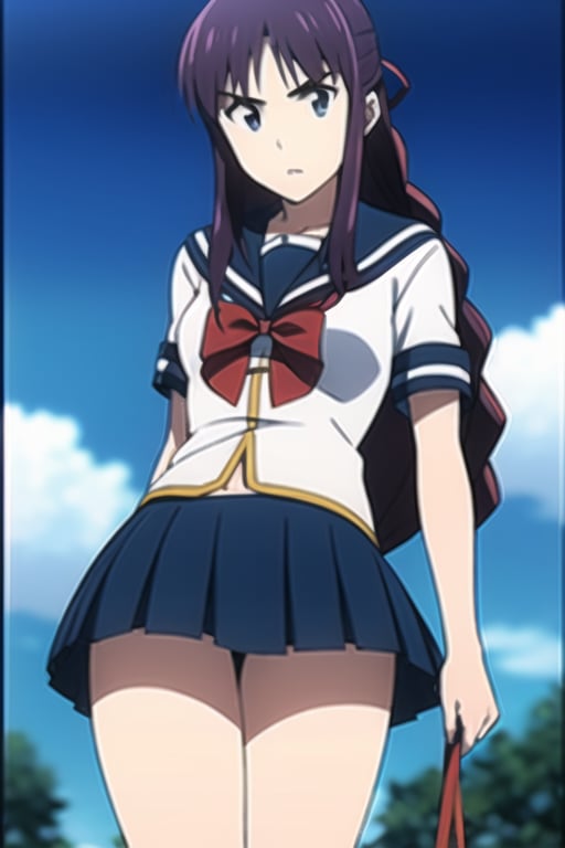 ((Masterpiece, Best Quality)), 1girl, blue eyes, hair ribbon , kneehighs, long hair, purple hair, red ribbon, school uniform, serafuku, solo, twin braids, miniskirt, thick thighs 