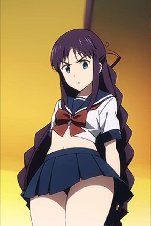 ((Masterpiece, Best Quality)), 1girl, blue eyes, hair ribbon , kneehighs, long hair, purple hair, red ribbon, school uniform, serafuku, solo, twin braids, miniskirt, thick thighs 