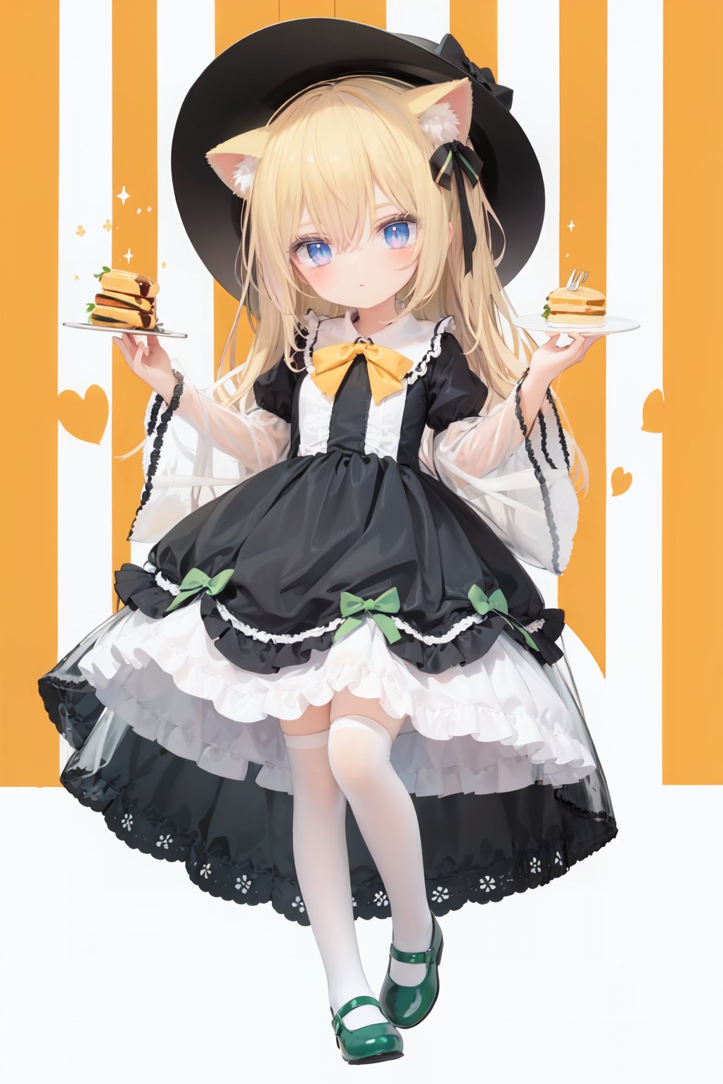  (cinematic lighting), dreamy atmosphere, Ray tracing, (((solo))), (loli:1.5), (child:1.5), (petite:1.5), green eyes, (animal ears), dress, solo, food, blonde hair, open mouth, long hair, pancake, flower, holding, bow, smile, fork, bird, socks, looking at viewer, shoes, striped background, holding fork, bonnet, striped, frills, long sleeves, :d, yellow dress, bangs, eyebrows visible through hair, blush, green nails, hair bow, nail polish, diagonal stripes, chick, sparkle, frilled dress, orange bow, fruit, full body, :3, hair between eyes, green bow, puffy sleeves, heart, lemon, orange footwear, animal ear fluff, white bow, cat ears, bobby socks, orange headwear, see-through sleeves, blue background, striped bow, hair ornament, white legwear, mary janes