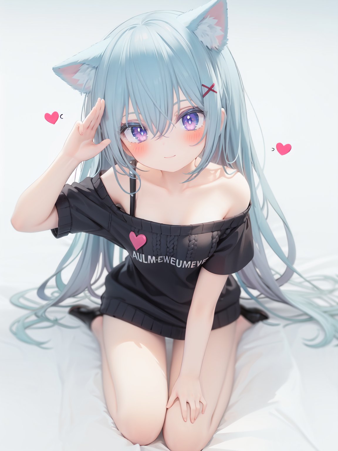  petite, loli, solo, animal ears, heart, puffy short sleeves, blue hair, long hair, off shoulder, bangs, hair ornament, gradient background,rainbow gradient, x hair ornament, animal ear fluff, looking at viewer, very long hair, blush, smile, cat ears, bare shoulders, collarbone, hand up, gradient sweater, hair between eyes, symbol-shaped pupils, arm up, heart-shaped pupils, hairclip, medium breasts, salute, bare legs,full body