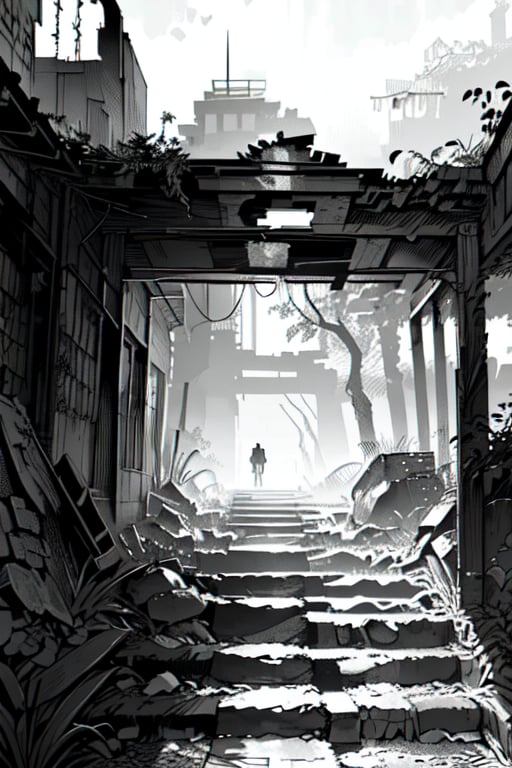 Grayscale,manga Landscape,Monochromatic,fantasy landscape,fantasy concept,Manga Landscape,ruin,stairs, trees,8k