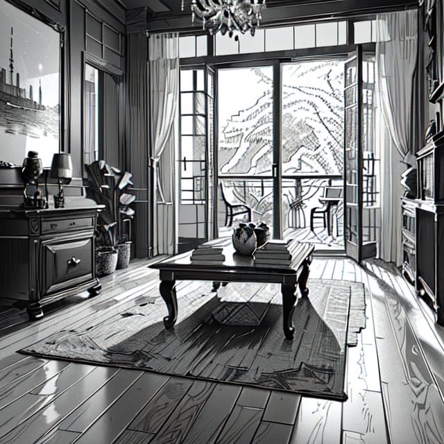 Grayscale,manga Landscape,Monochromatic,fantasy landscape,Manga Landscape,room inside,living room,vase,Wooden floor,8k, highquality,Extremely detailed, beautiful landscape,(masterpiece:1.331), (highest resolution:1.2), (full quality), (Extremely beautiful and detailed:1.2), (8k, 4k, 2k), manga style, extremely detailed, CG, unity,finely detail, masterpiece, best quality, official art, extremely detailed CG unity 8k,line_art,g-pen lineart 