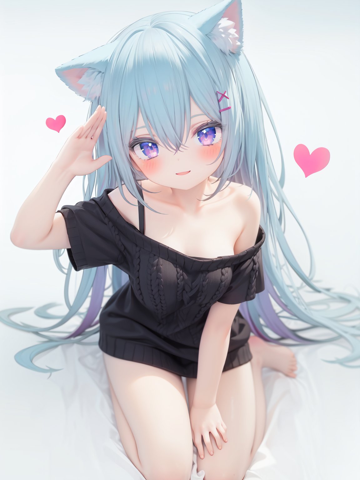  petite, loli, solo, animal ears, heart, puffy short sleeves, blue hair, long hair, off shoulder, bangs, hair ornament, gradient background,rainbow gradient, x hair ornament, animal ear fluff, looking at viewer, very long hair, blush, smile, cat ears, bare shoulders, collarbone, hand up, gradient sweater, hair between eyes, symbol-shaped pupils, arm up, heart-shaped pupils, hairclip, medium breasts, salute, bare legs,full body