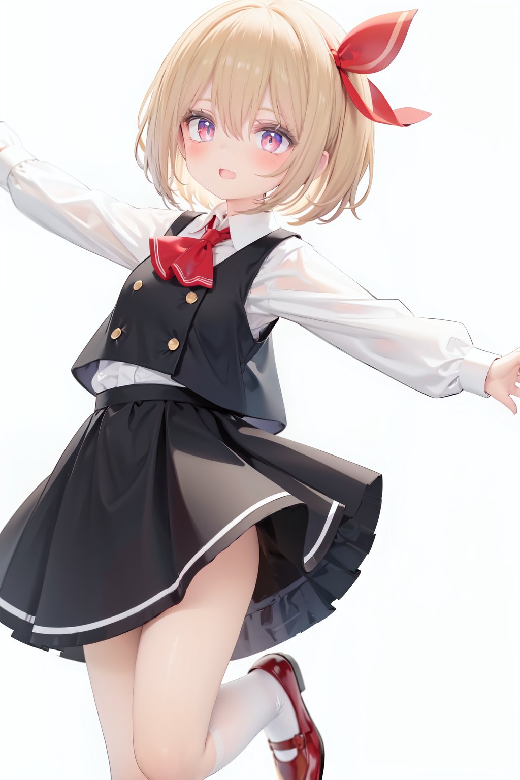  1girl, rumia, blonde hair, solo, white background, red eyes, red footwear, simple background, ascot, short hair, ribbon, open mouth, hair ribbon, smile, long sleeves, shirt, looking at viewer, red ascot, white socks, white shirt, red ribbon, shoes, socks, frills, bangs, outstretched arms, hair between eyes, skirt, :d, dress, vest, mary janes, black dress, black skirt, collared shirt, black vest, blush