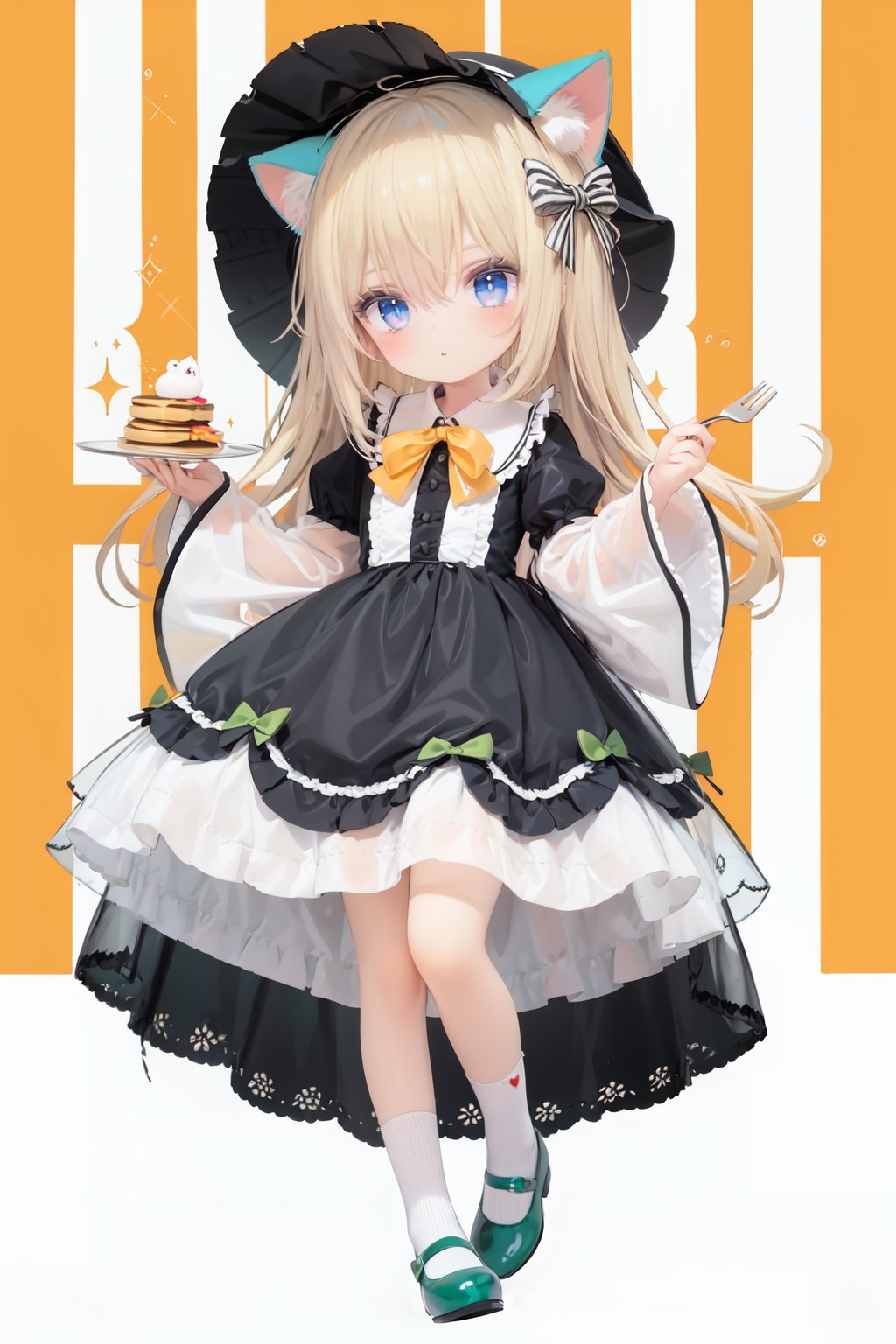  (cinematic lighting), dreamy atmosphere, Ray tracing, (((solo))), (loli:1.5), (child:1.5), (petite:1.5), green eyes, (animal ears), dress, solo, food, blonde hair, open mouth, long hair, pancake, flower, holding, bow, smile, fork, bird, socks, looking at viewer, shoes, striped background, holding fork, bonnet, striped, frills, long sleeves, :d, yellow dress, bangs, eyebrows visible through hair, blush, green nails, hair bow, nail polish, diagonal stripes, chick, sparkle, frilled dress, orange bow, fruit, full body, :3, hair between eyes, green bow, puffy sleeves, heart, lemon, orange footwear, animal ear fluff, white bow, cat ears, bobby socks, orange headwear, see-through sleeves, blue background, striped bow, hair ornament, white legwear, mary janes