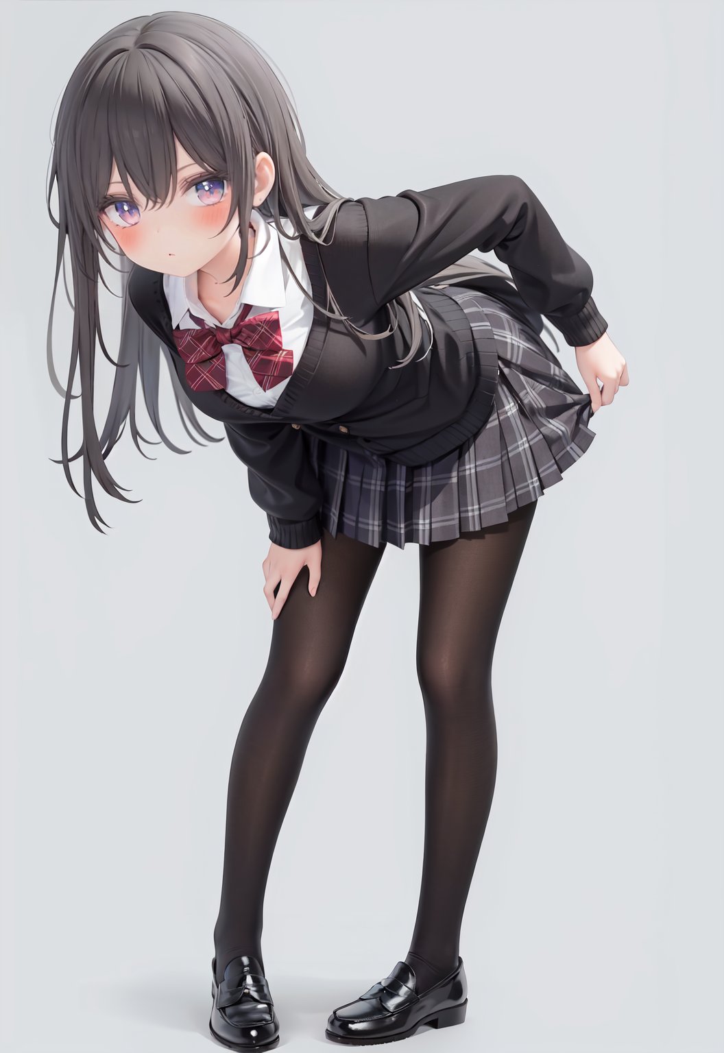  1girl, solo, pantyhose, skirt, long hair, loafers, shoes, simple background, school uniform, brown eyes, plaid, black pantyhose, plaid skirt, looking at viewer, black hair, pantyhose pull, full body, clothes pull, black footwear, pleated skirt, leaning forward, bangs, long sleeves, bent over, cardigan, bow, bowtie, standing, closed mouth, pulled by self, grey background, blush, miniskirt, red bow, sweater, undressing