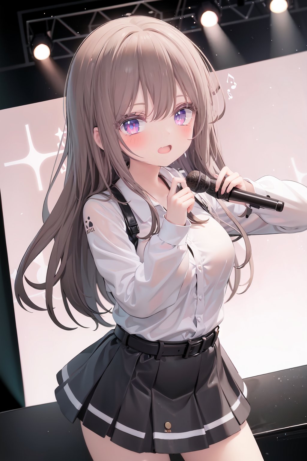  1girl, solo, microphone, smile, skirt, blush, brown eyes, long hair, open mouth, looking at viewer, brown hair, long sleeves, :d, shirt, bangs, belt, breasts, pink shirt, outstretched arm, music, black belt, medium breasts, holding microphone, singing