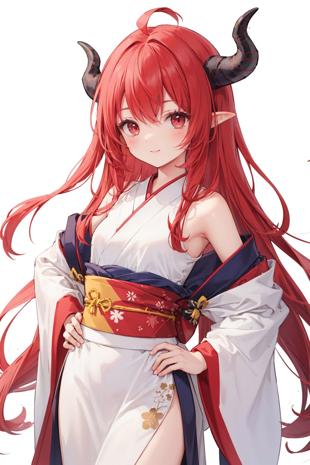  solo,1girl,red hair,long hair,red eyes,white background,bare shoulders,horns,ahoge,fire,hand on hip,simple background,looking at viewer,very long hair,japanese clothes,small breasts,ribbon,backlight