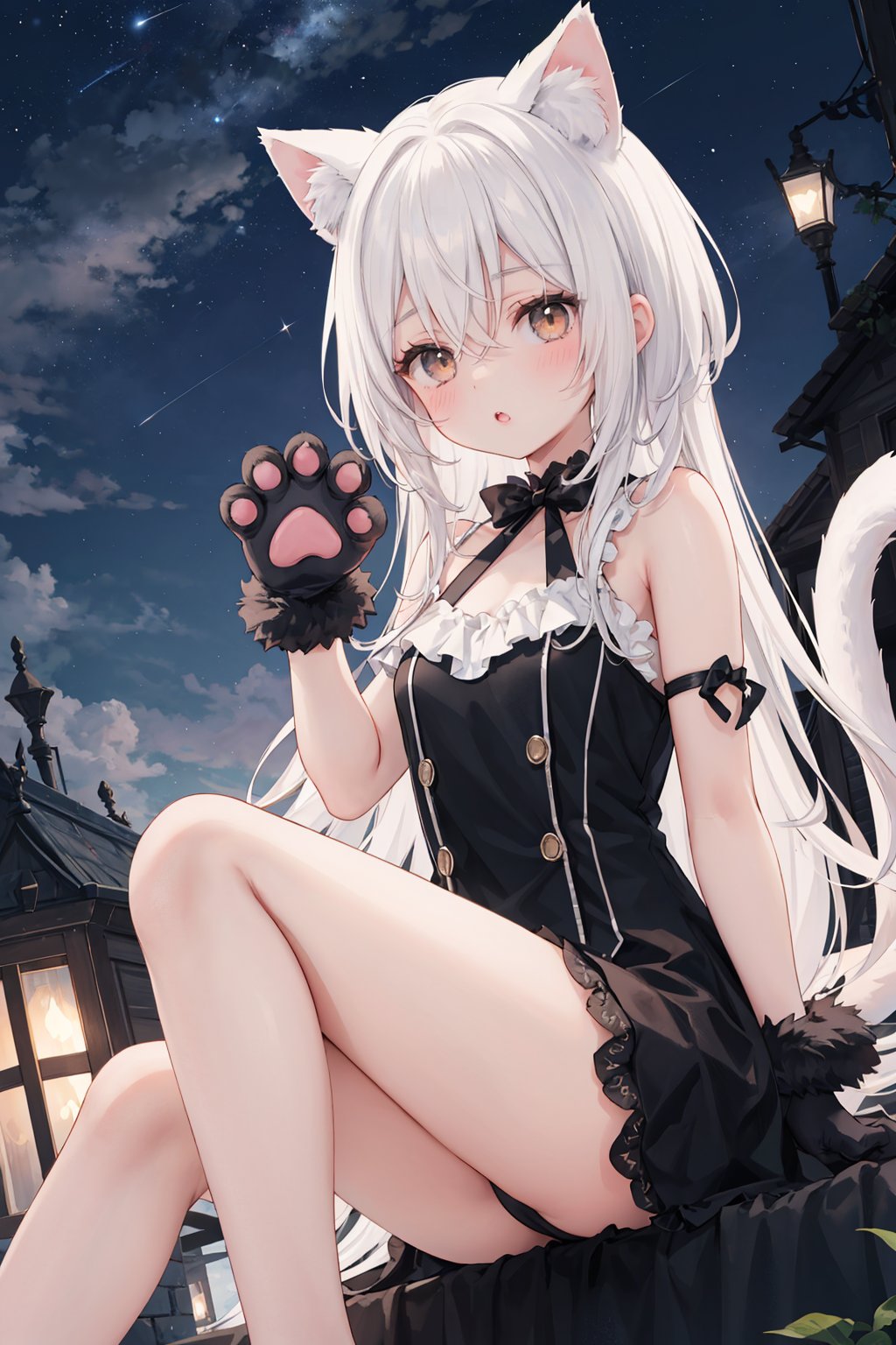  1girl, solo, animal ears, tail, cat ears, long hair, white hair, dress, barefoot, cat tail, black dress, gloves, blush, cat girl, sky, very long hair, star (sky), starry sky, sleeveless, bangs, hair between eyes, sitting, sleeveless dress, black gloves, looking at viewer, animal ear fluff, bare shoulders, parted lips, night sky, night, animal hands, knees up, frills, brown eyes, dutch angle, bare legs, paw gloves, tail raised, :o

,backlight