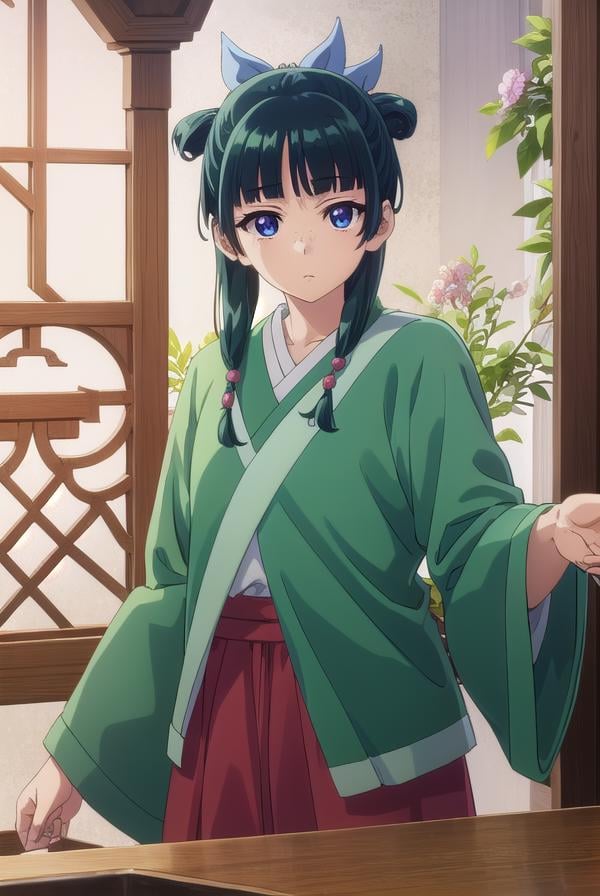 kusuriyamaomao, <lora:kusuriya maomao s1-lora-nochekaiser:1>,maomao, long hair, bangs, blue eyes, hair ornament, green hair, blunt bangs, freckles, hair bun, single hair bun,BREAK japanese clothes, robe, green robe, long sleeves, wide sleeves, skirt, red skirt,BREAK indoors,BREAK looking at viewer, (cowboy shot:1.5),BREAK <lyco:GoodHands-beta2:1>, (masterpiece:1.2), best quality, high resolution, unity 8k wallpaper, (illustration:0.8), (beautiful detailed eyes:1.6), extremely detailed face, perfect lighting, extremely detailed CG, (perfect hands, perfect anatomy),