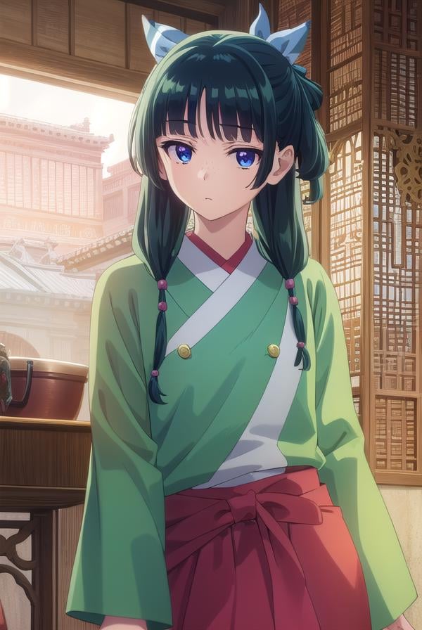 kusuriyamaomao, <lora:kusuriya maomao s1-lora-nochekaiser:1>,maomao, long hair, bangs, blue eyes, hair ornament, green hair, blunt bangs, freckles, hair bun, single hair bun,BREAK japanese clothes, robe, green robe, long sleeves, wide sleeves, skirt, red skirt,BREAK indoors,BREAK looking at viewer, (cowboy shot:1.5),BREAK <lyco:GoodHands-beta2:1>, (masterpiece:1.2), best quality, high resolution, unity 8k wallpaper, (illustration:0.8), (beautiful detailed eyes:1.6), extremely detailed face, perfect lighting, extremely detailed CG, (perfect hands, perfect anatomy),