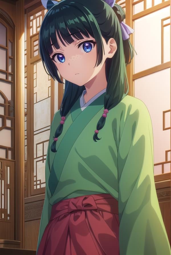 kusuriyamaomao, <lora:kusuriya maomao s1-lora-nochekaiser:1>,maomao, long hair, bangs, blue eyes, hair ornament, green hair, blunt bangs, freckles, hair bun, single hair bun,BREAK japanese clothes, robe, green robe, long sleeves, wide sleeves, skirt, red skirt,BREAK indoors,BREAK looking at viewer, (cowboy shot:1.5),BREAK <lyco:GoodHands-beta2:1>, (masterpiece:1.2), best quality, high resolution, unity 8k wallpaper, (illustration:0.8), (beautiful detailed eyes:1.6), extremely detailed face, perfect lighting, extremely detailed CG, (perfect hands, perfect anatomy),