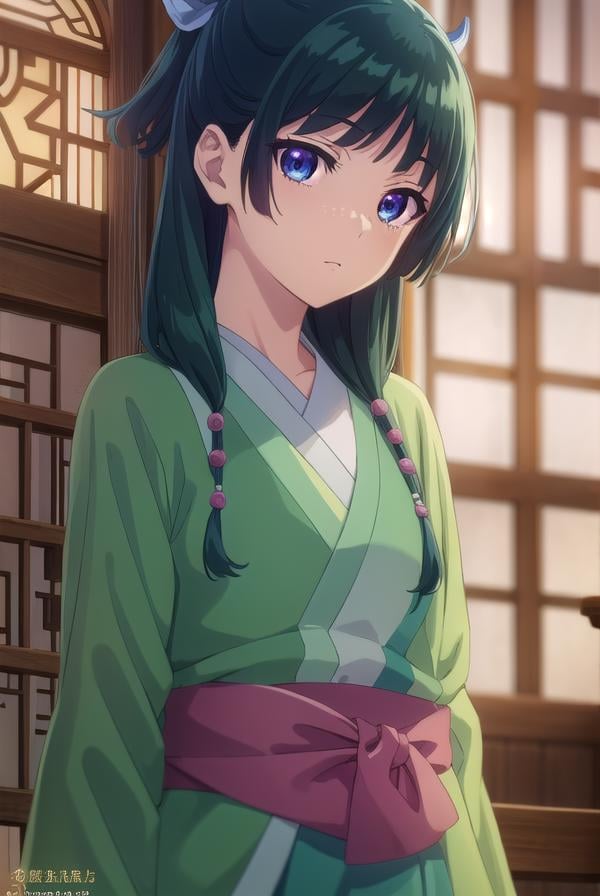 kusuriyamaomao, <lora:kusuriya maomao s1-lora-nochekaiser:1>,maomao, long hair, bangs, blue eyes, hair ornament, green hair, blunt bangs, freckles, hair bun, single hair bun,BREAK japanese clothes, robe, green robe, long sleeves, wide sleeves, skirt, red skirt,BREAK indoors,BREAK looking at viewer, (cowboy shot:1.5),BREAK <lyco:GoodHands-beta2:1>, (masterpiece:1.2), best quality, high resolution, unity 8k wallpaper, (illustration:0.8), (beautiful detailed eyes:1.6), extremely detailed face, perfect lighting, extremely detailed CG, (perfect hands, perfect anatomy),