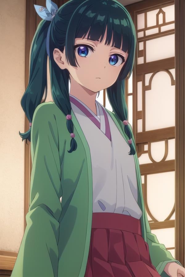 kusuriyamaomao, <lora:kusuriya maomao s1-lora-nochekaiser:1>,maomao, long hair, bangs, blue eyes, hair ornament, green hair, blunt bangs, freckles, hair bun, single hair bun,BREAK japanese clothes, robe, green robe, long sleeves, wide sleeves, skirt, red skirt,BREAK indoors,BREAK looking at viewer, (cowboy shot:1.5),BREAK <lyco:GoodHands-beta2:1>, (masterpiece:1.2), best quality, high resolution, unity 8k wallpaper, (illustration:0.8), (beautiful detailed eyes:1.6), extremely detailed face, perfect lighting, extremely detailed CG, (perfect hands, perfect anatomy),