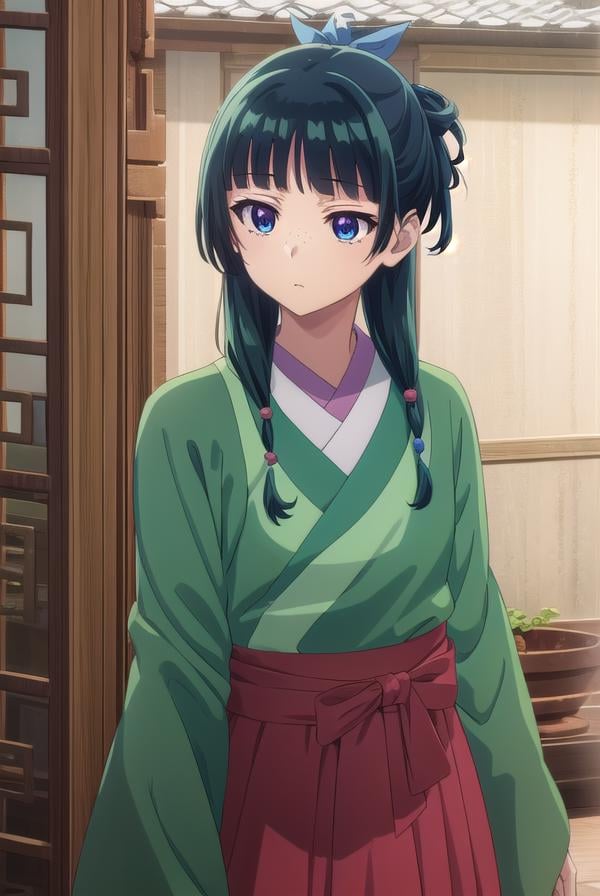 kusuriyamaomao, <lora:kusuriya maomao s1-lora-nochekaiser:1>,maomao, long hair, bangs, blue eyes, hair ornament, green hair, blunt bangs, freckles, hair bun, single hair bun,BREAK japanese clothes, robe, green robe, long sleeves, wide sleeves, hakama, red hakama,BREAK indoors,BREAK looking at viewer, (cowboy shot:1.5),BREAK <lyco:GoodHands-beta2:1>, (masterpiece:1.2), best quality, high resolution, unity 8k wallpaper, (illustration:0.8), (beautiful detailed eyes:1.6), extremely detailed face, perfect lighting, extremely detailed CG, (perfect hands, perfect anatomy),