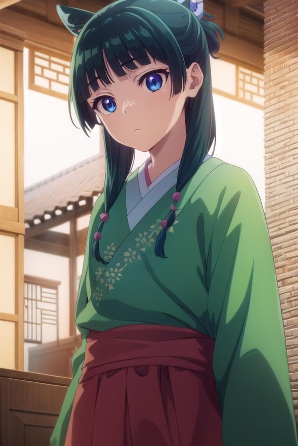 kusuriyamaomao, <lora:kusuriya maomao s1-lora-nochekaiser:1>,maomao, long hair, bangs, blue eyes, hair ornament, green hair, blunt bangs, freckles, hair bun, single hair bun,BREAK japanese clothes, robe, green robe, long sleeves, wide sleeves, skirt, red skirt,BREAK indoors,BREAK looking at viewer, (cowboy shot:1.5),BREAK <lyco:GoodHands-beta2:1>, (masterpiece:1.2), best quality, high resolution, unity 8k wallpaper, (illustration:0.8), (beautiful detailed eyes:1.6), extremely detailed face, perfect lighting, extremely detailed CG, (perfect hands, perfect anatomy),