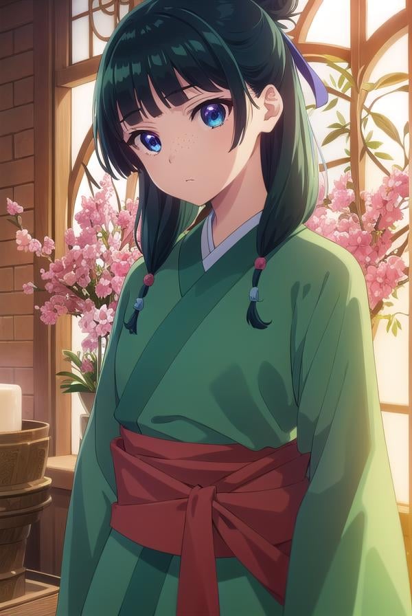 kusuriyamaomao, <lora:kusuriya maomao s1-lora-nochekaiser:1>,maomao, long hair, bangs, blue eyes, hair ornament, green hair, blunt bangs, freckles, hair bun, single hair bun,BREAK japanese clothes, robe, green robe, long sleeves, wide sleeves, hakama, red hakama,BREAK indoors,BREAK looking at viewer, (cowboy shot:1.5),BREAK <lyco:GoodHands-beta2:1>, (masterpiece:1.2), best quality, high resolution, unity 8k wallpaper, (illustration:0.8), (beautiful detailed eyes:1.6), extremely detailed face, perfect lighting, extremely detailed CG, (perfect hands, perfect anatomy),