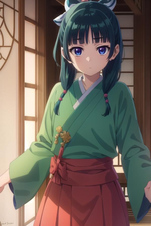 kusuriyamaomao, <lora:kusuriya maomao s1-lora-nochekaiser:1>,maomao, long hair, bangs, blue eyes, hair ornament, green hair, blunt bangs, freckles, hair bun, single hair bun,BREAK japanese clothes, robe, green robe, long sleeves, wide sleeves, skirt, red skirt,BREAK indoors,BREAK looking at viewer, (cowboy shot:1.5),BREAK <lyco:GoodHands-beta2:1>, (masterpiece:1.2), best quality, high resolution, unity 8k wallpaper, (illustration:0.8), (beautiful detailed eyes:1.6), extremely detailed face, perfect lighting, extremely detailed CG, (perfect hands, perfect anatomy),