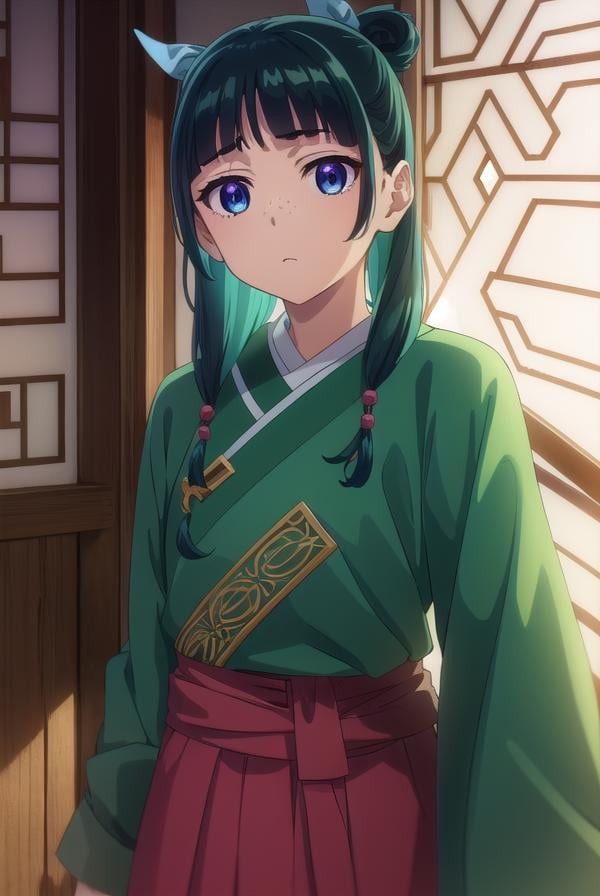 kusuriyamaomao, <lora:kusuriya maomao s1-lora-nochekaiser:1>,maomao, long hair, bangs, blue eyes, hair ornament, green hair, blunt bangs, freckles, hair bun, single hair bun,BREAK japanese clothes, robe, green robe, long sleeves, wide sleeves, skirt, red skirt,BREAK indoors,BREAK looking at viewer, (cowboy shot:1.5),BREAK <lyco:GoodHands-beta2:1>, (masterpiece:1.2), best quality, high resolution, unity 8k wallpaper, (illustration:0.8), (beautiful detailed eyes:1.6), extremely detailed face, perfect lighting, extremely detailed CG, (perfect hands, perfect anatomy),