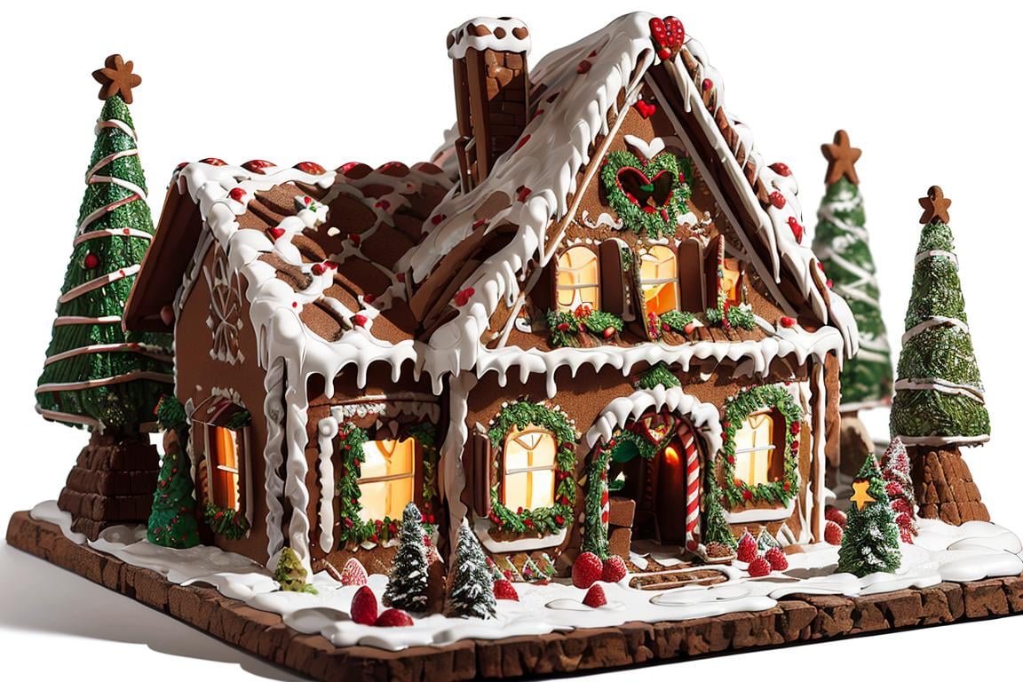 ((masterpiece,best quality)), absurdres <lora:Gingerbread_House:0.7>, Gingerbread_House, gingerbread house, food, food focus,simple background, white background, heart, fruit, christmas, snow, cake, chocolate, strawberry, windmill, <lora:EdobSyFyHorrorFairyTale_v1.0:0.5>, EdobFairyTaleLandscape, village of multiple homes surrounding a giant christmas tree,