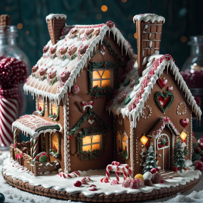 ((masterpiece,best quality)), absurdres <lora:Gingerbread_House:0.7>, Gingerbread_House, gingerbread house, food, food focus,  cookies, candy canes, Christmas, <lora:EdobSyFyHorrorFairyTale_v1.0:0.5>, EdobFairyTaleLandscape, chocolate river, heart, fruit, , snow, cake, chocolate, strawberry, windmill,, <lora:more_details:0.7>