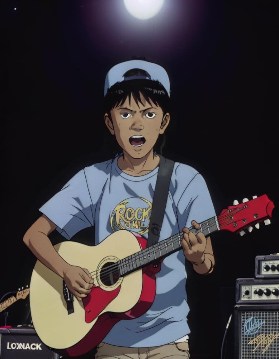 a Nicaraguan kid playing guitar in a club, rock band, concert <lora:NEOTOKIOXL_0.2_RC:1>