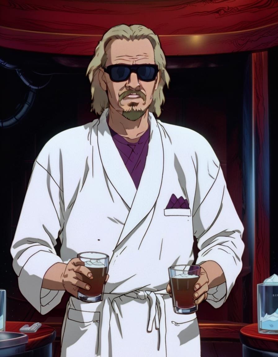 The Big Lebowski: The Dude in a bathrobe, a White Russian cocktail. <lora:NEOTOKIOXL_0.2_RC:1>