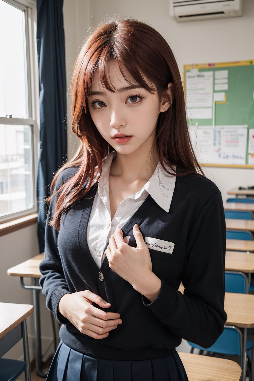 1girl, red hair, hand on own chest, school uniform,