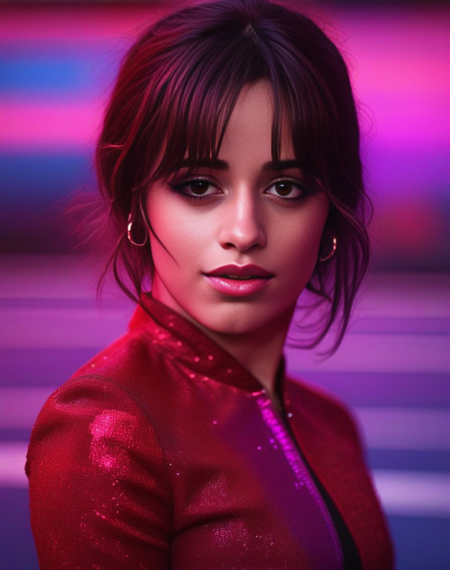 CamilaCabello, portrait, stylized,close up of a Glamorous slim humanoid, Acting, dark red One-Eyed, at Tennis court, Bokeh, Red and DayGlo purple splash,  <lora:CamilaCabelloSDXL:1>