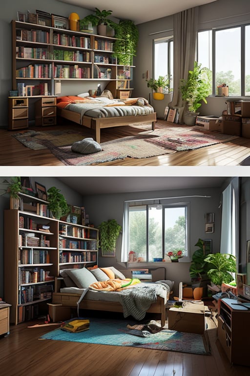 isometric render,  messy nostalgic bedroom with a gaming pc,  windows,  plants bookshelves,  desk,  3d art,  muted colors,  perfect lighting,  high detail,  concept art,  behance