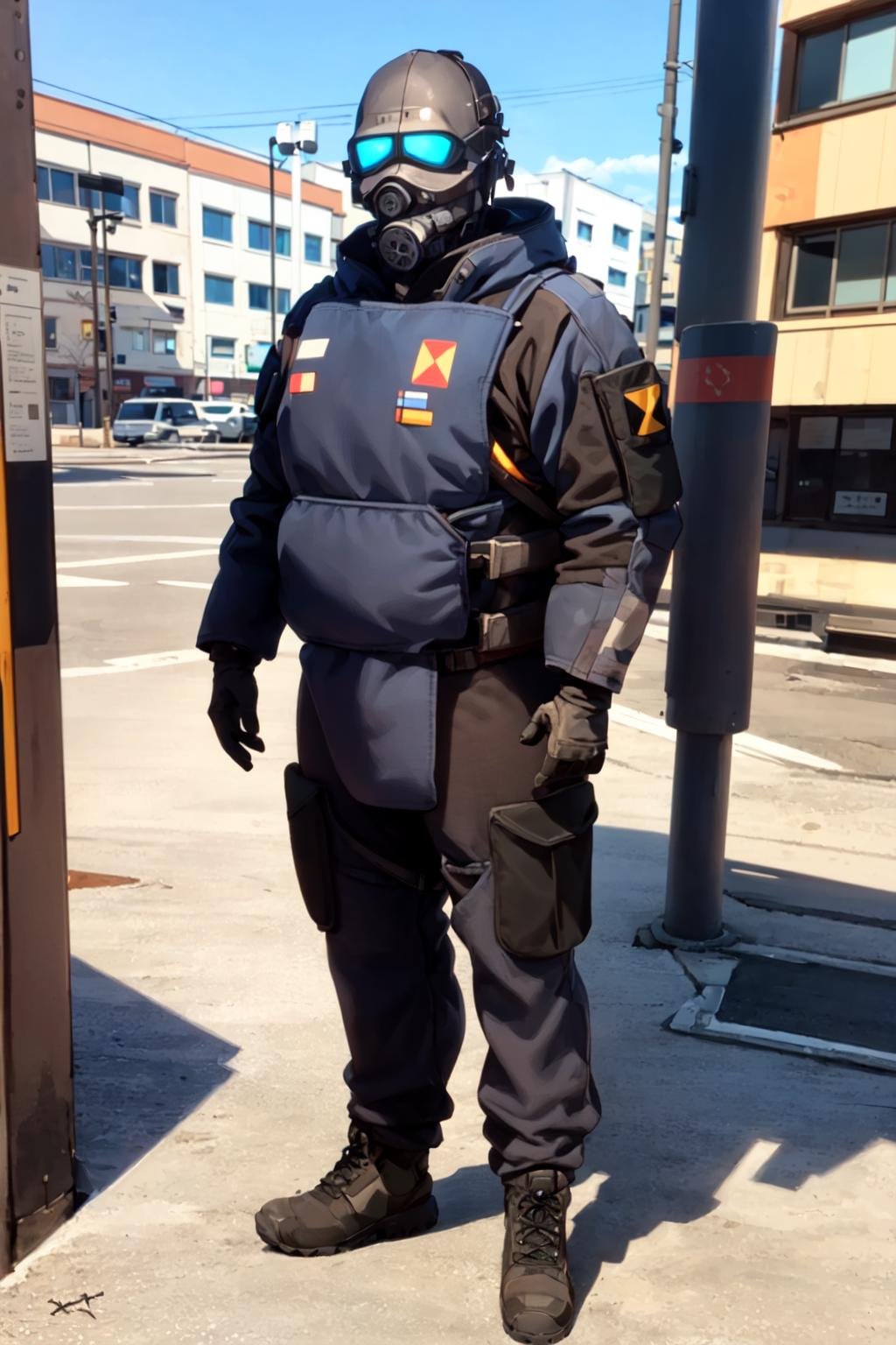 combine soldier, 1boy, solo, standing, helmet, gloves, looking at viewer, facing viewer, military, science fiction, city, russia