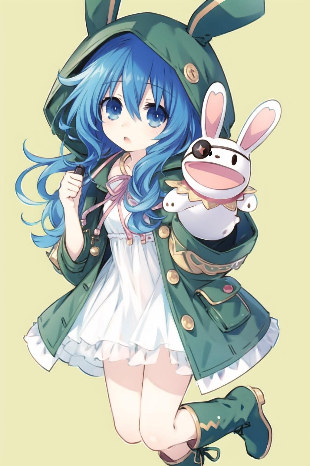 1girl,blue hair,blue eyes,raincoat,hood up,open green coat,lop rabbit ears,detached sleeves,white dress,rabbit puppet,looking at viewer,(🌁),green boots,pink ribbon,<lora:HY2:0.7>,