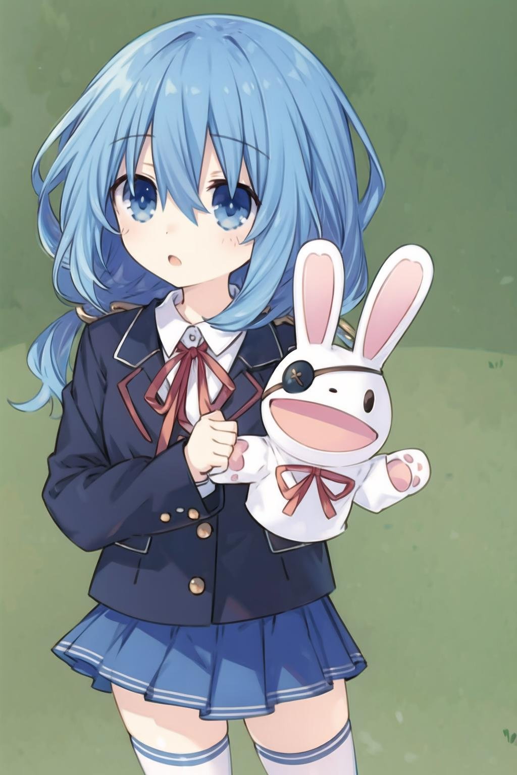 1girl,blue hair,blue eyes,school uniform,jacket,white shirt,pleated skirt,long sleeves,rabbit puppet,neck ribbon,white thighhighs,<lora:HY2:0.7>,