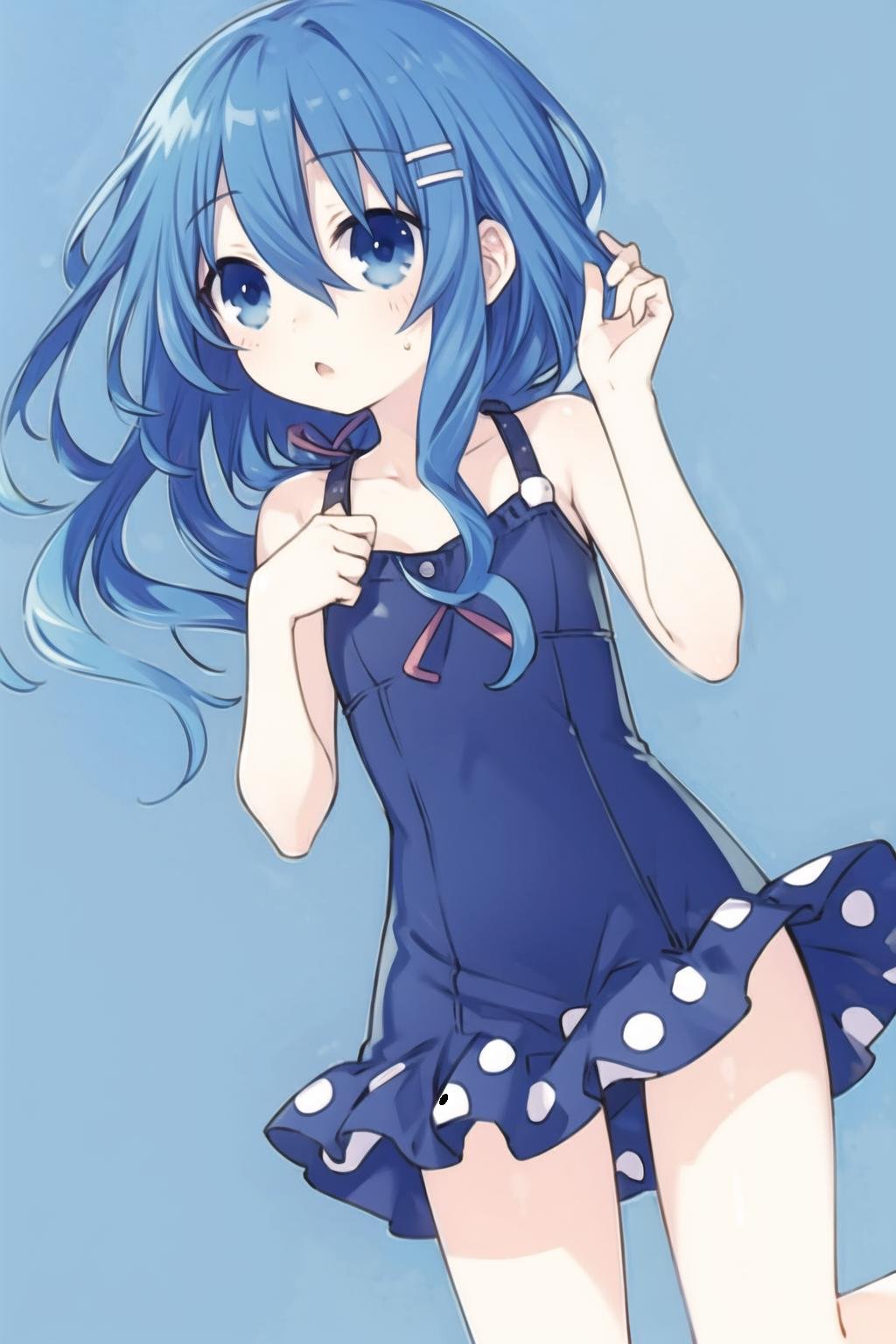 simple background,1girl,blue hair,blue eyes,long hair,one-piece swimsuit,casual one-piece swimsuit,dark blue dress,polka dot,short dress,sleeveless,rabbit puppet,bare legs,hairclip,<lora:HY2:0.7>,