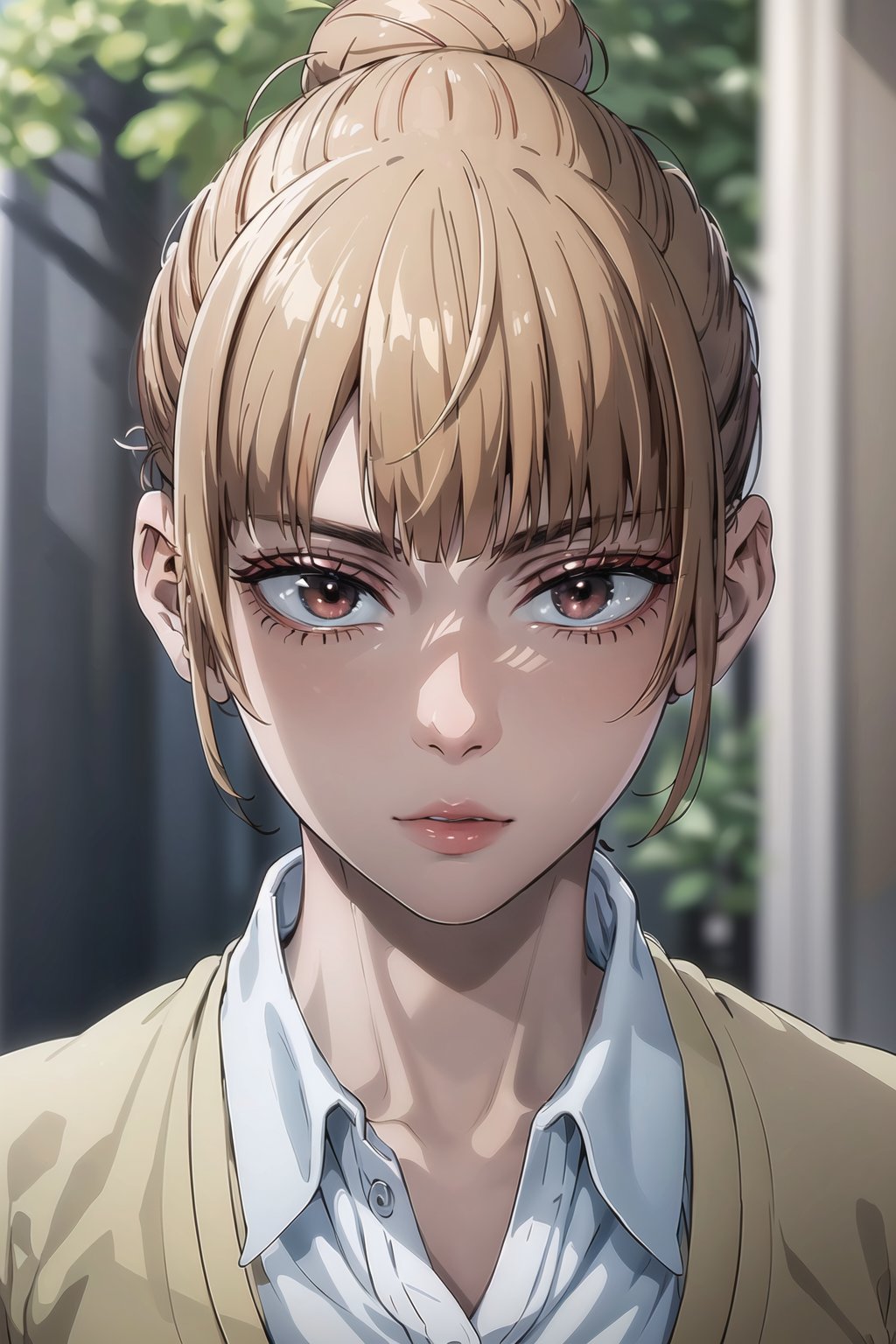 ((best quality)), ((highly detailed)), masterpiece, ((official art)), detailed face, beautiful face, (detailed eyes, deep eyes, intricately detailed, hyperdetailed, blurry background,depth of field,best quality, masterpiece, intricate details, tonemapping, sharp focus, hyper detailed, trending on Artstation,high res,official art,Nanako, 1girl, solo, bangs, brown hair, shirt, brown eyes, school uniform, white shirt, collared shirt, hair bun, single hair bun, cardigan