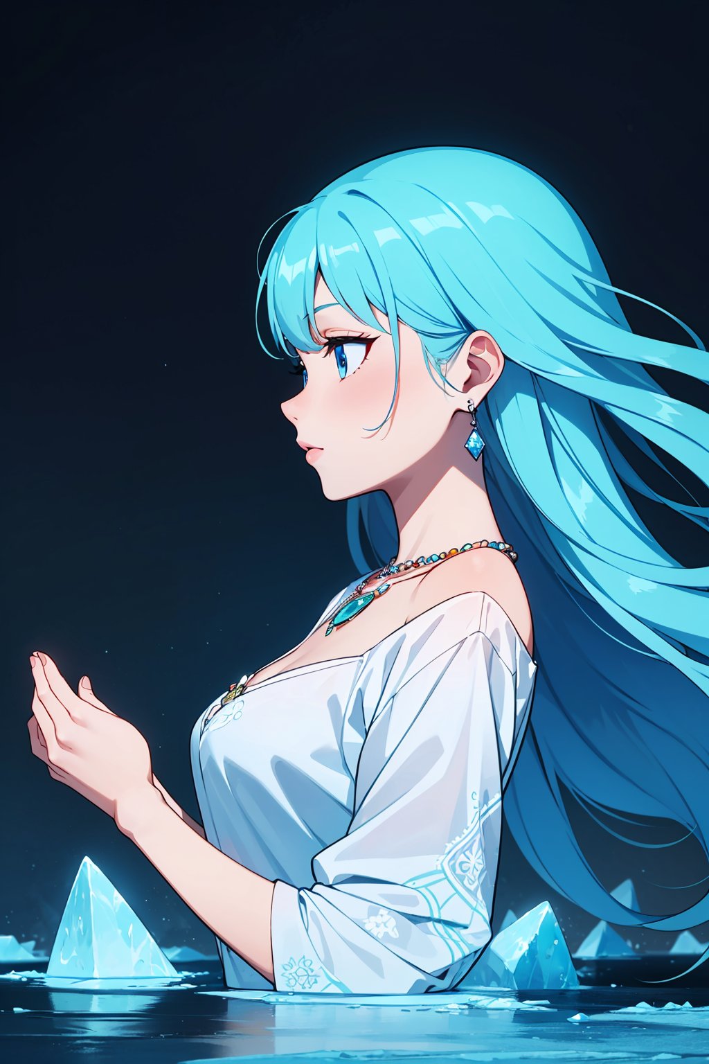 ((masterpiece, best quality, ultra-detailed, very fine 8KCG wallpapers)), 1girl, solo, medium breasts, cyan hair, blue eyes, long hair, (multicolored hair:1.2), glowy eyes, intricate details, glowing, embroidery, accessories, necklace, earrings, ((dark theme)), from side, looking away, (add lots of random things like melting icebergs and frozen ice), nice hands, perfect hands,