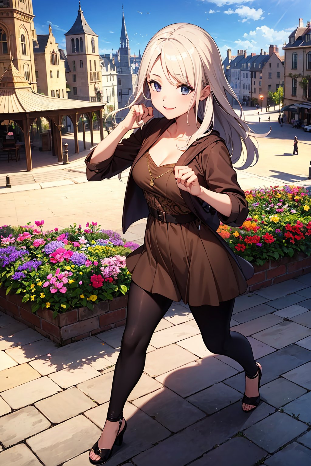 ((masterpiece, best quality, ultra-detailed, very fine 8KCG wallpapers)), 1girl, solo, kawaii, medium breasts, smile, medieval europe cityscape, plaza on the background, sunlight, cinematic lighting, smile, detailed face, dynamic pose, casual one-piece, flower, (dynamic composition: 1.2), full body, white hair, good shadow, good light, deep shadow, unreal, visually stunning, beautiful, award-winning art, stunningly beautiful, nice hands, perfect hands,