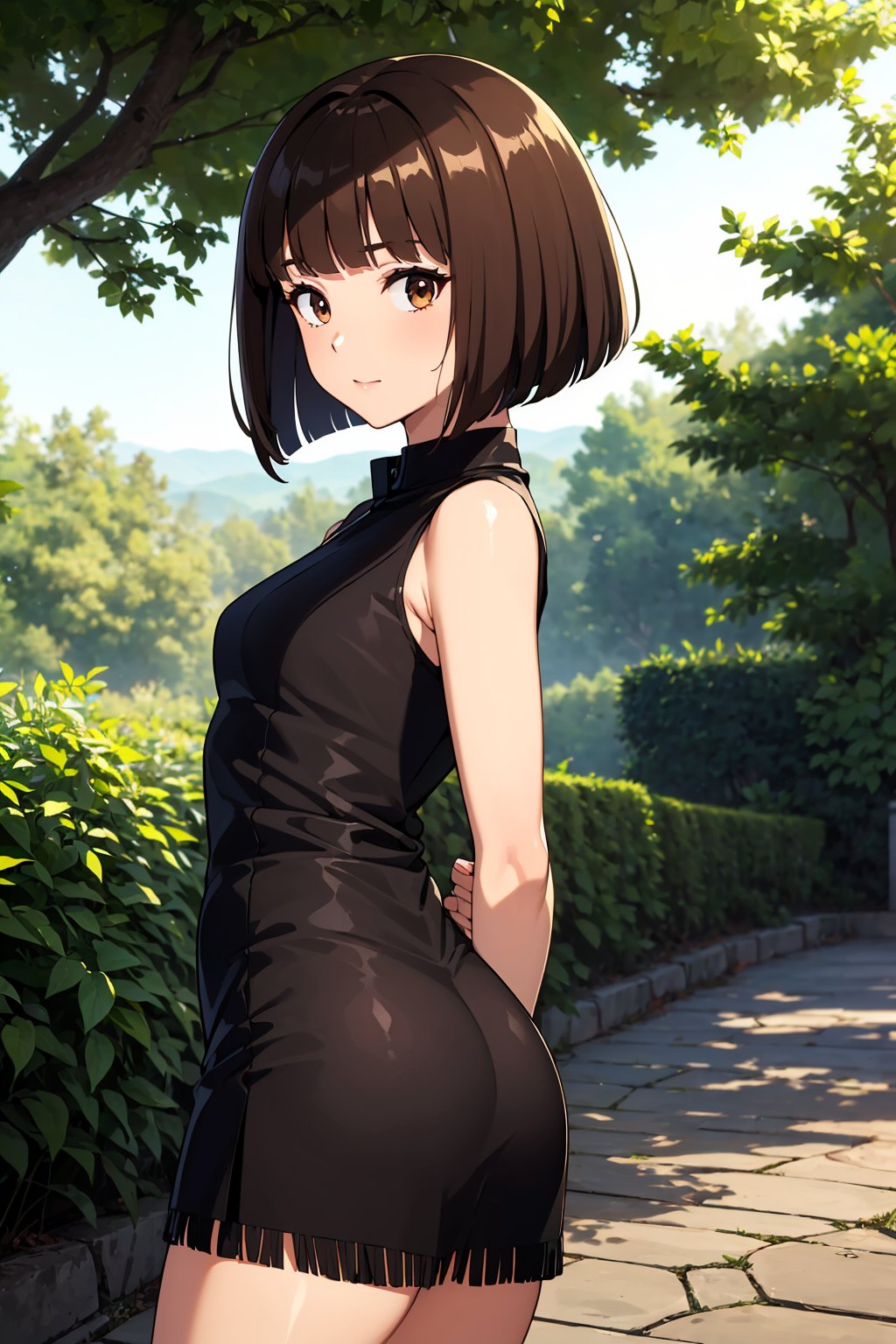 ((masterpiece, best quality, ultra-detailed, very fine 8KCG wallpapers)), 1girl, solo, medium breasts, bright skin, (shiny skin:1.2), curious face, bob cut, blunt bangs, brown hair, looking at viewer, cowboy shot, fringe, black sleeveless dress, arms behind back, top view, outdoors, nice hands, perfect hands,