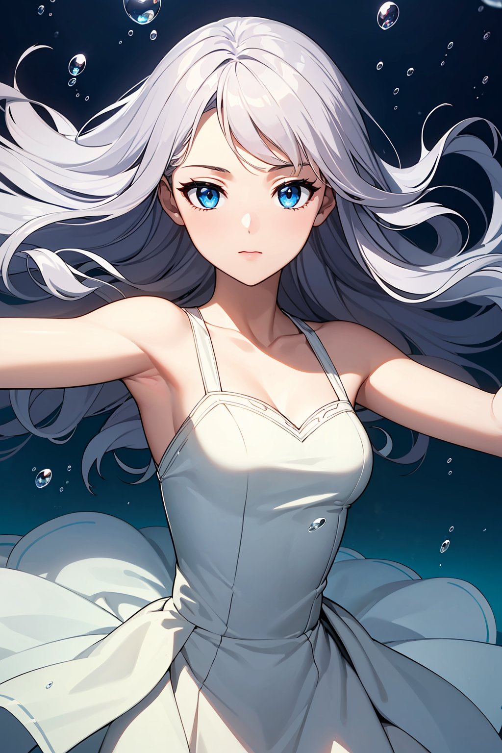 ((masterpiece, best quality, ultra-detailed, very fine 8KCG wallpapers)), 1girl, solo, medium breasts, long hair, wavy hair, silver hair, blue eyes, dress, underwater, air bubble, floating hair, refraction, open arms, portrait, nice hands, perfect hands,