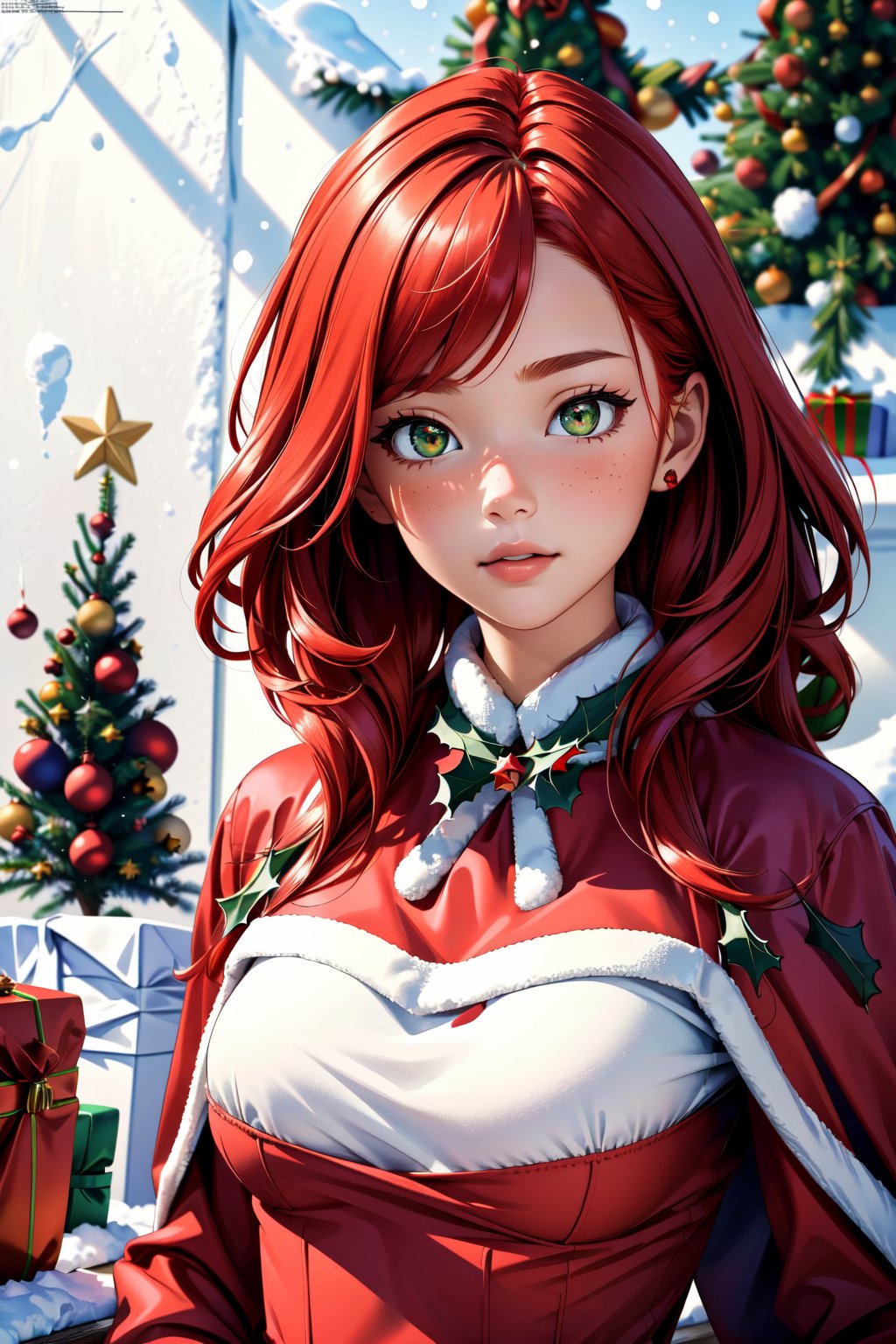 8k wallpaper, awesome, (((masterpiece))), (((best quality))), ((ultra detailed)), (illustration), dynamic angle, red hair, red skimpy dress, a coat, fur, detailed cute face, an extremely delicate and beautiful girl, ((Christmas tree)), (gifts=1.25), snow, Christmas, broken glass, a hand on the head, outside,