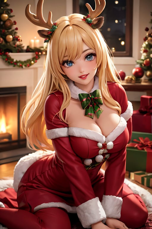 Generate hyper realistic image of an exquisitely detailed and visually enchanting image of a beautiful woman cosplaying as Santa's deer in a festive and playful Christmas setting. Focus sharply on the high level of detail in her costume, which includes glowing horns, a cute outfit, and a cheerful Christmas mood. Set the scene in a cozy living room adorned with holiday decorations, enhancing the festive atmosphere. Capture the woman's long blonde hair, sparkling blue eyes, and vibrant red lips with meticulous attention to detail and sharp focus. Convey a happy and playful mood, showcasing the joy and spirit of the holiday season. Utilize realistic lighting to enhance the warmth of the living room and create a visually stunning representation that embodies the beauty and festive charm of the woman cosplaying as Santa's deer. highly detailed, sharp focus.8k,photography style,close shot